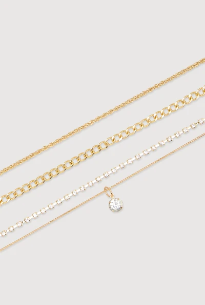 Cubic Zirconia Assorted Metallic Anklets Set of 3