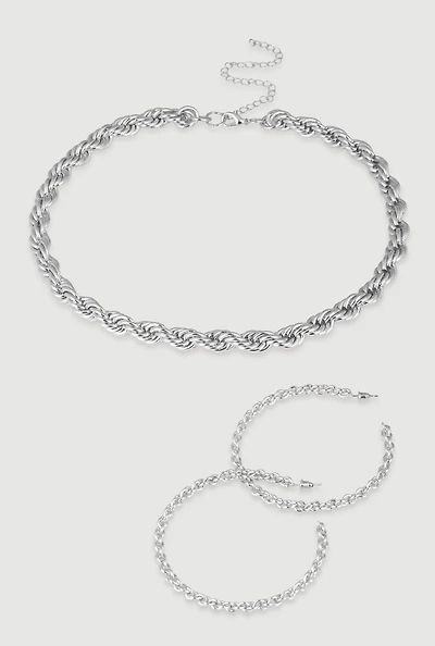 Womens Twisted Rope Chain Necklace with Hoop Earrings, Silver