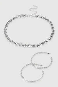 Womens Twisted Rope Chain Necklace with Hoop Earrings, Silver