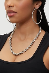 Womens Twisted Rope Chain Necklace with Hoop Earrings, Silver