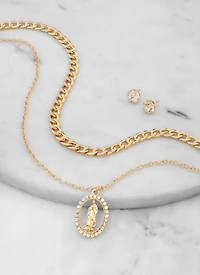 Womens Rhinestone Charm Layered Necklace with Stud Earrings, Gold