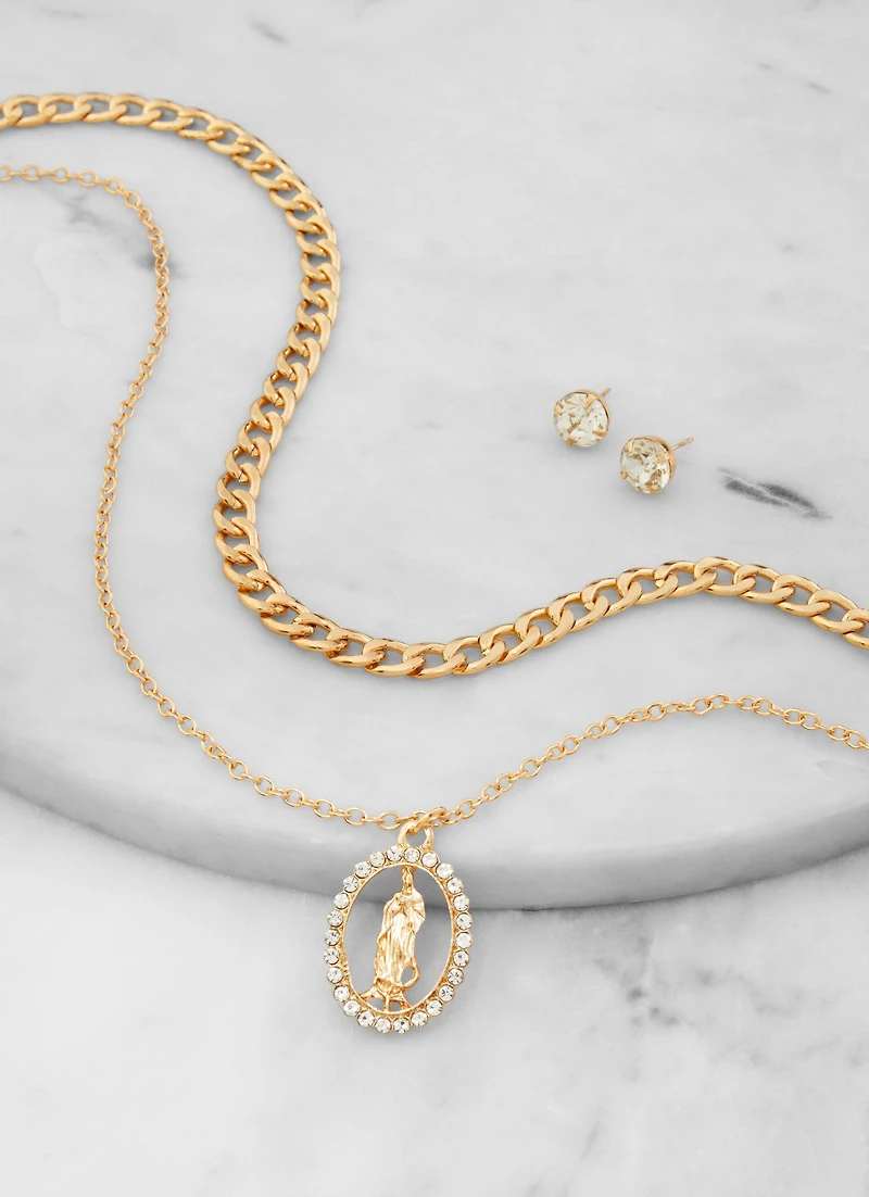 Womens Rhinestone Charm Layered Necklace with Stud Earrings, Gold