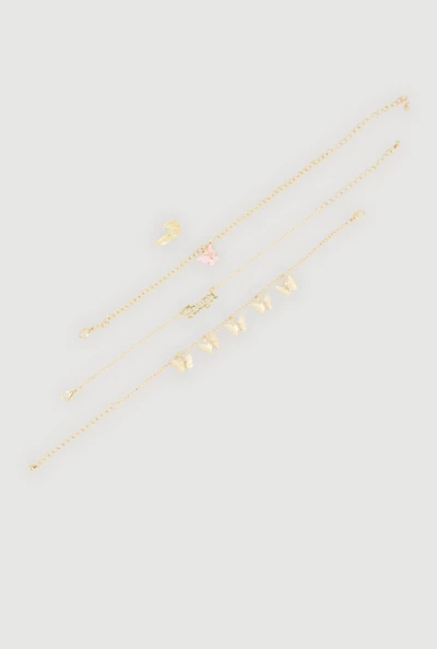 Cubic Zirconia Butterfly Charm Anklets with Leaf Toe Ring