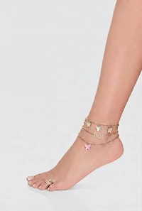 Cubic Zirconia Butterfly Charm Anklets with Leaf Toe Ring