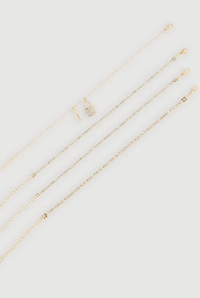Cubic Zirconia Lock Charm Detail Metallic Chain Anklet