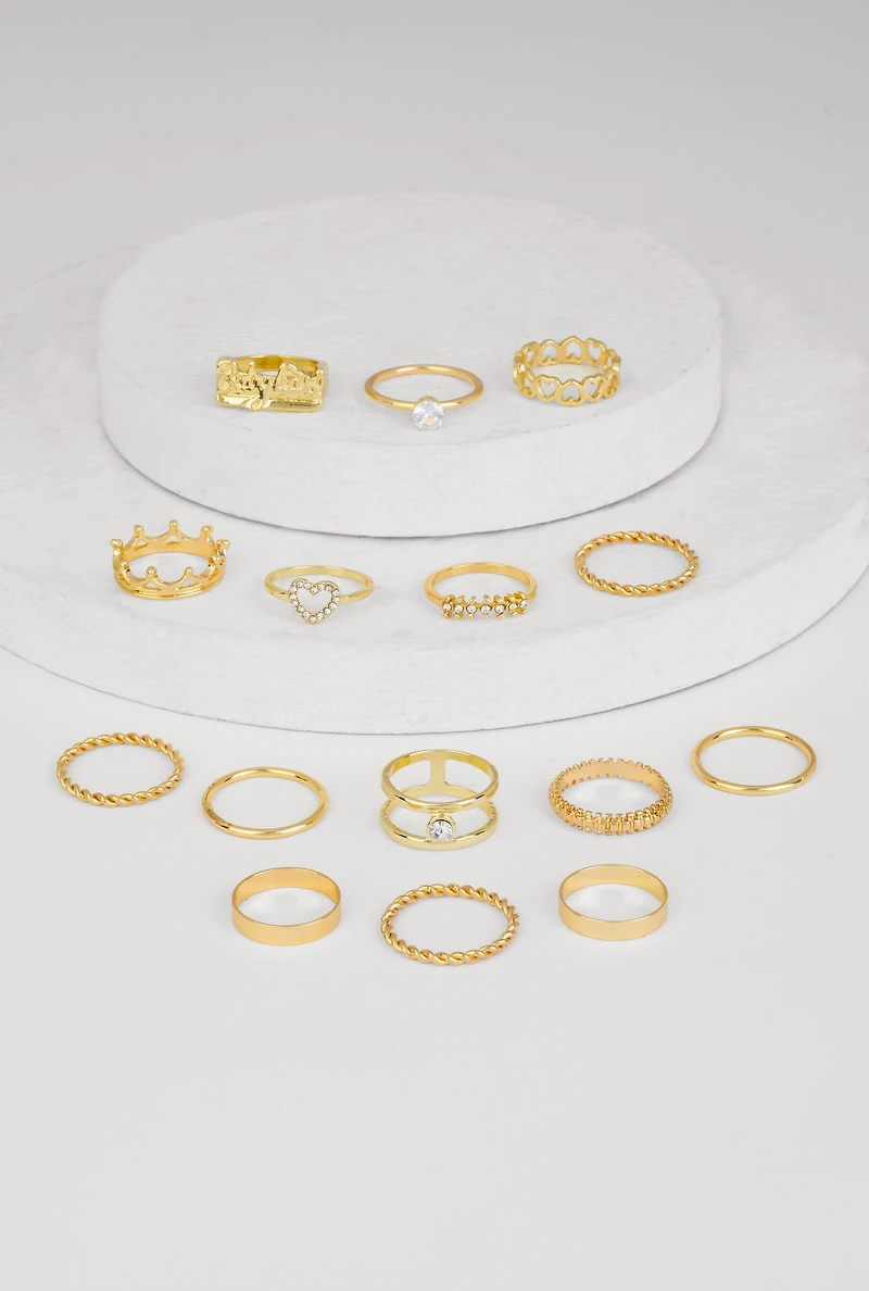 Womens Assorted Cubic Zirconia Metallic Rings Set of 15, Gold