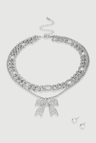 Elegant Cubic Zirconia Bow Detail Necklace Set