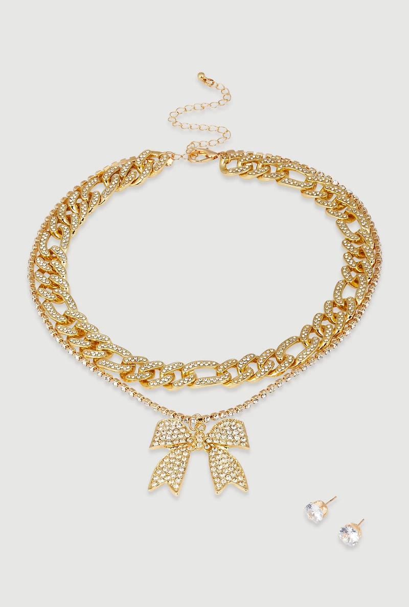 Womens Elegant Cubic Zirconia Bow Detail Necklace Set, Gold