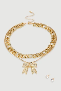 Womens Elegant Cubic Zirconia Bow Detail Necklace Set, Gold