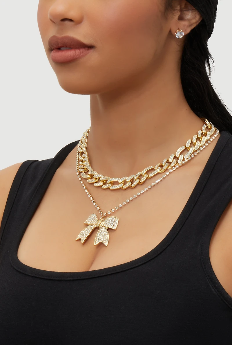 Womens Elegant Cubic Zirconia Bow Detail Necklace Set, Gold