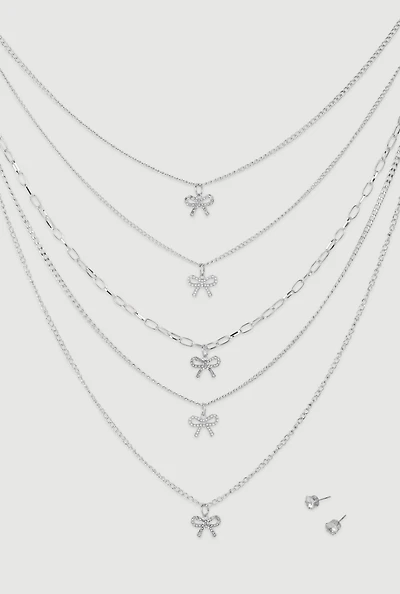 Womens Elegant Cubic Zirconia Bow Detail Layered Necklace Set, Silver