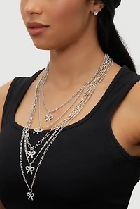 Womens Elegant Cubic Zirconia Bow Detail Layered Necklace Set, Silver