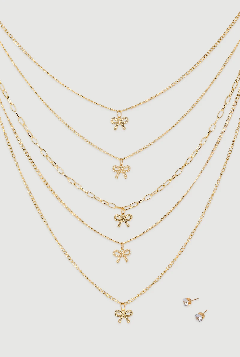 Womens Elegant Cubic Zirconia Bow Detail Layered Necklace Set, Gold