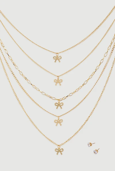 Womens Elegant Cubic Zirconia Bow Detail Layered Necklace Set, Gold