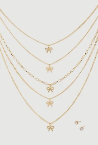 Womens Elegant Cubic Zirconia Bow Detail Layered Necklace Set, Gold