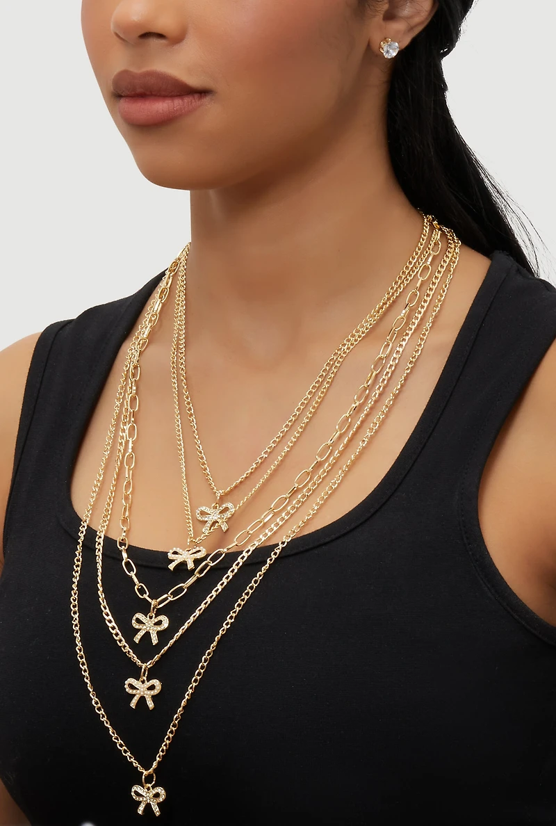Womens Elegant Cubic Zirconia Bow Detail Layered Necklace Set, Gold