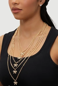 Womens Elegant Cubic Zirconia Bow Detail Layered Necklace Set, Gold