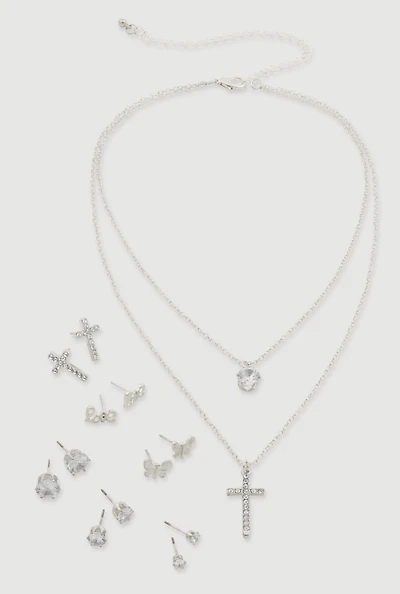 Womens Rhinestone Layered Cross Necklace with Stud Earrings, Silver