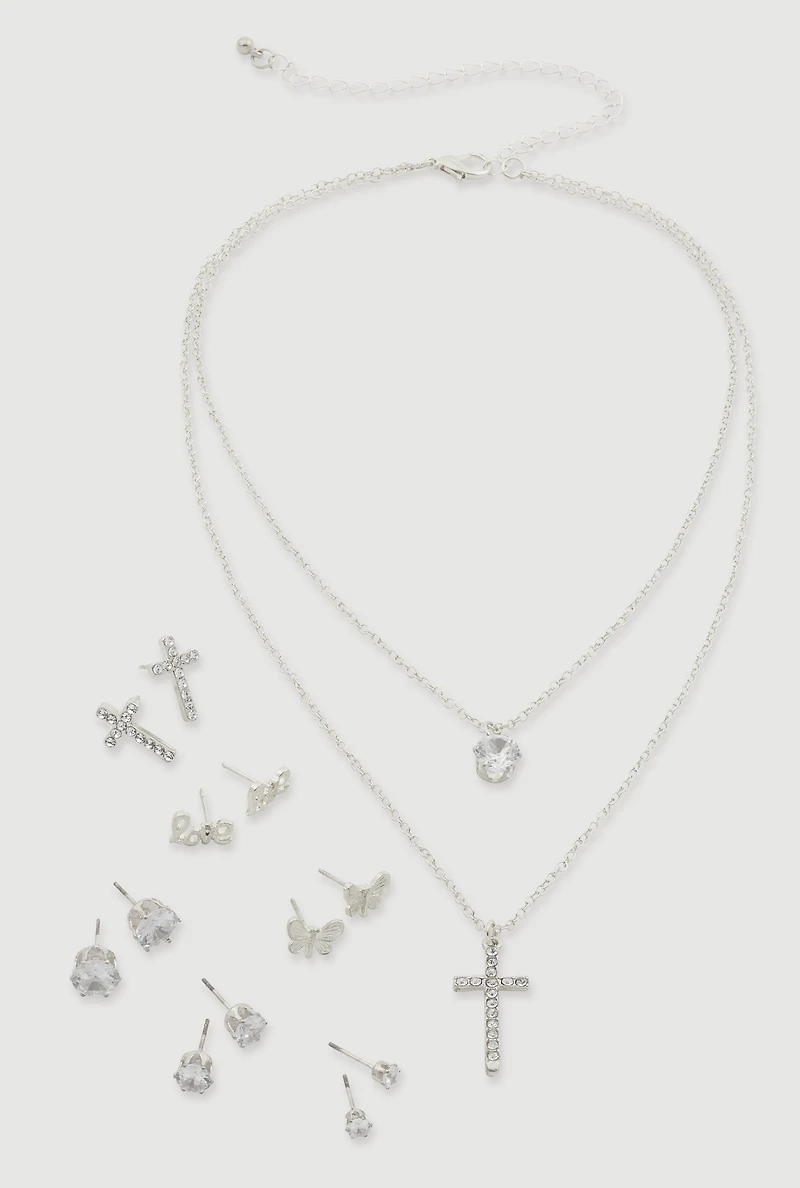 Rhinestone Layered Cross Necklace with Stud Earrings