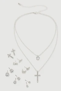 Rhinestone Layered Cross Necklace with Stud Earrings