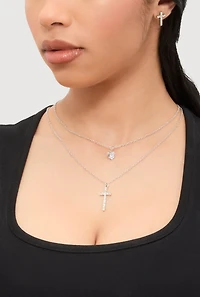 Womens Rhinestone Layered Cross Necklace with Stud Earrings, Silver