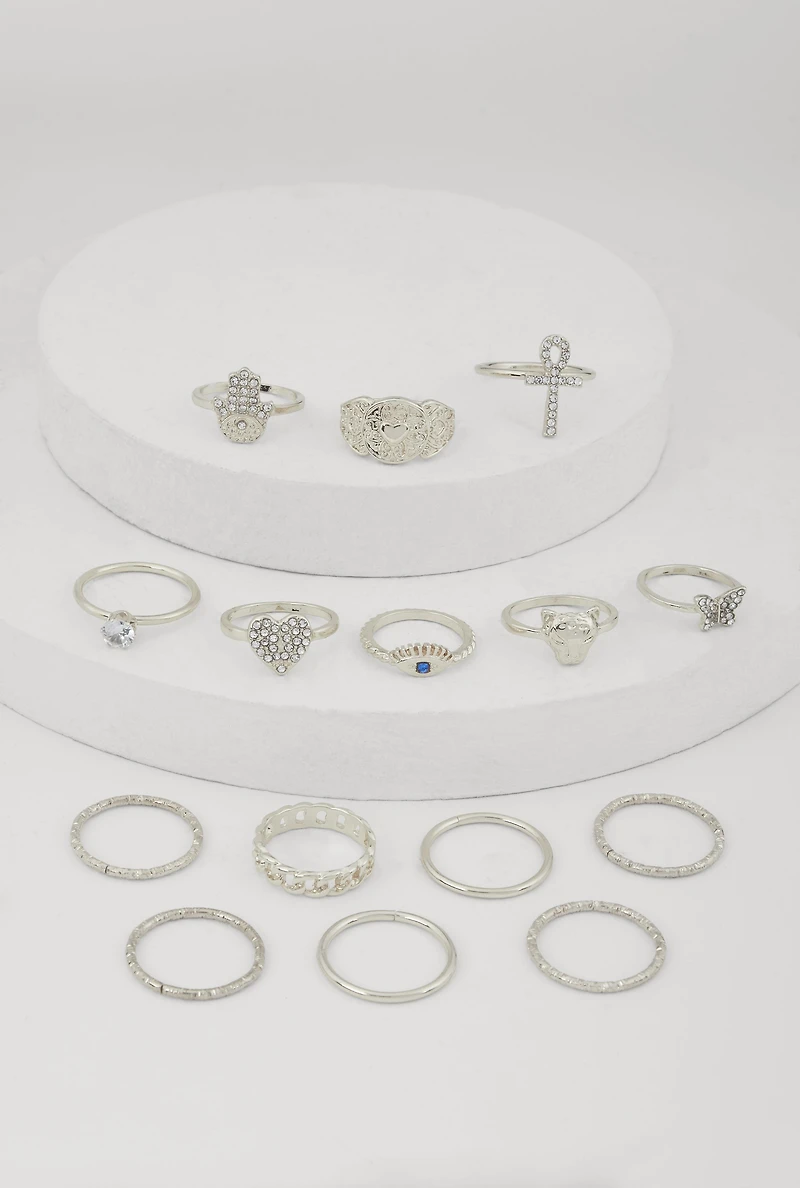 Womens Elegant Metallic Cubic Zirconia Assorted Rings Set of 15, Silver