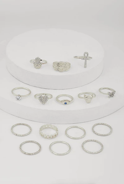 Womens Elegant Metallic Cubic Zirconia Assorted Rings Set of 15, Silver