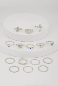 Womens Elegant Metallic Cubic Zirconia Assorted Rings Set of 15, Silver