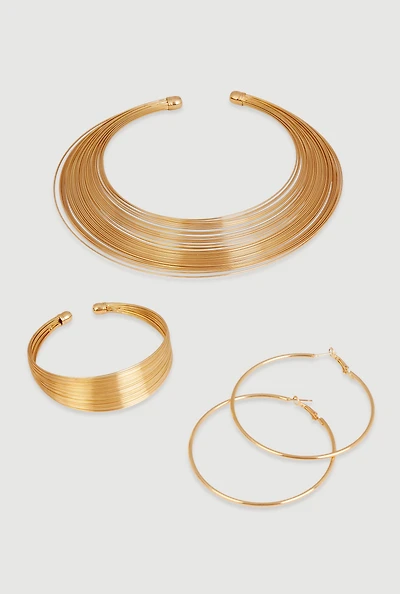 Womens Metallic Choker Necklace with Hoop Earrings and Cuff Bracelet, Gold