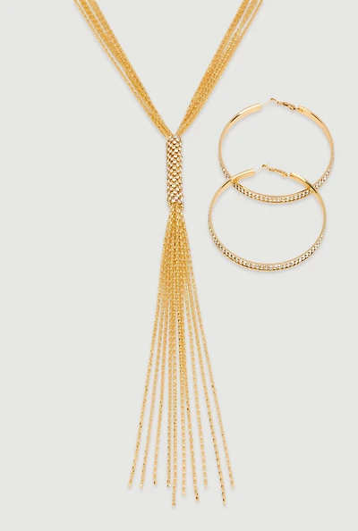 Womens Tassel Chain Necklace and Hoop Earrings, Gold