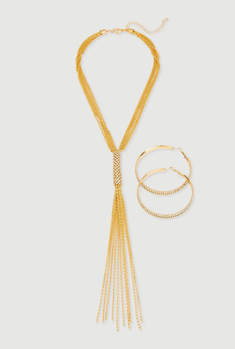 Womens Tassel Chain Necklace and Hoop Earrings, Gold
