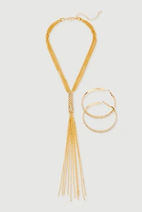 Womens Tassel Chain Necklace and Hoop Earrings, Gold