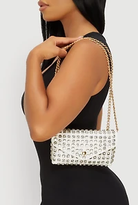 Womens Rhinestone Studded Envelope Clutch, White