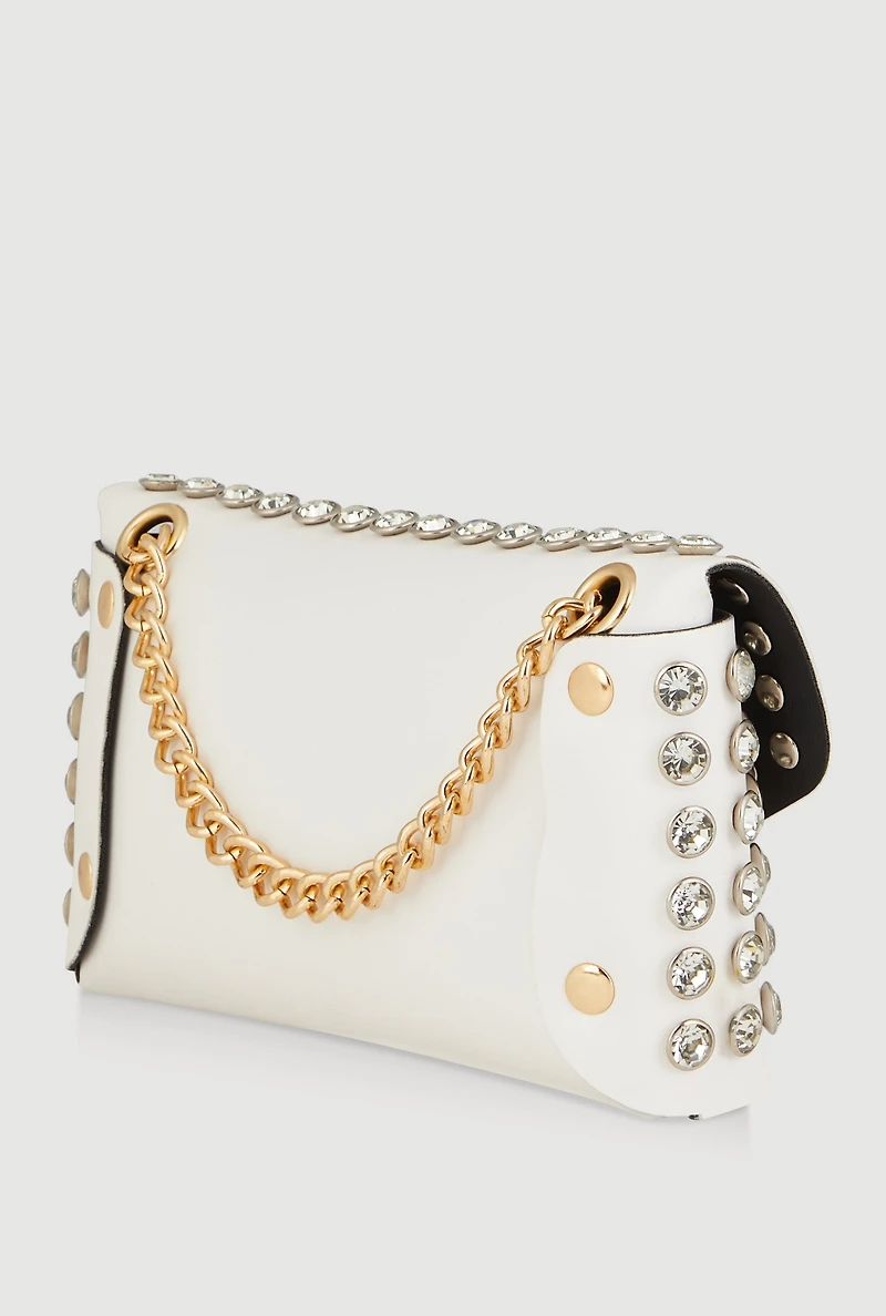Womens Rhinestone Studded Envelope Clutch, White