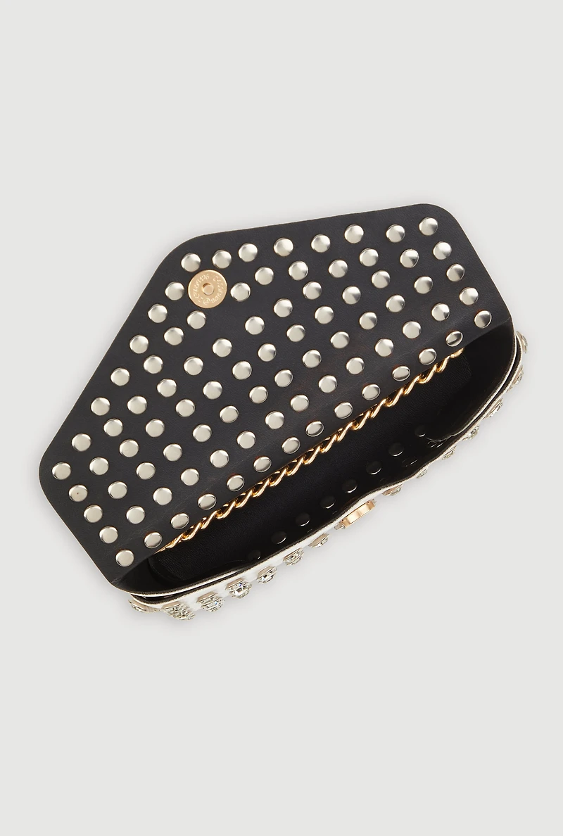 Womens Rhinestone Studded Envelope Clutch, White