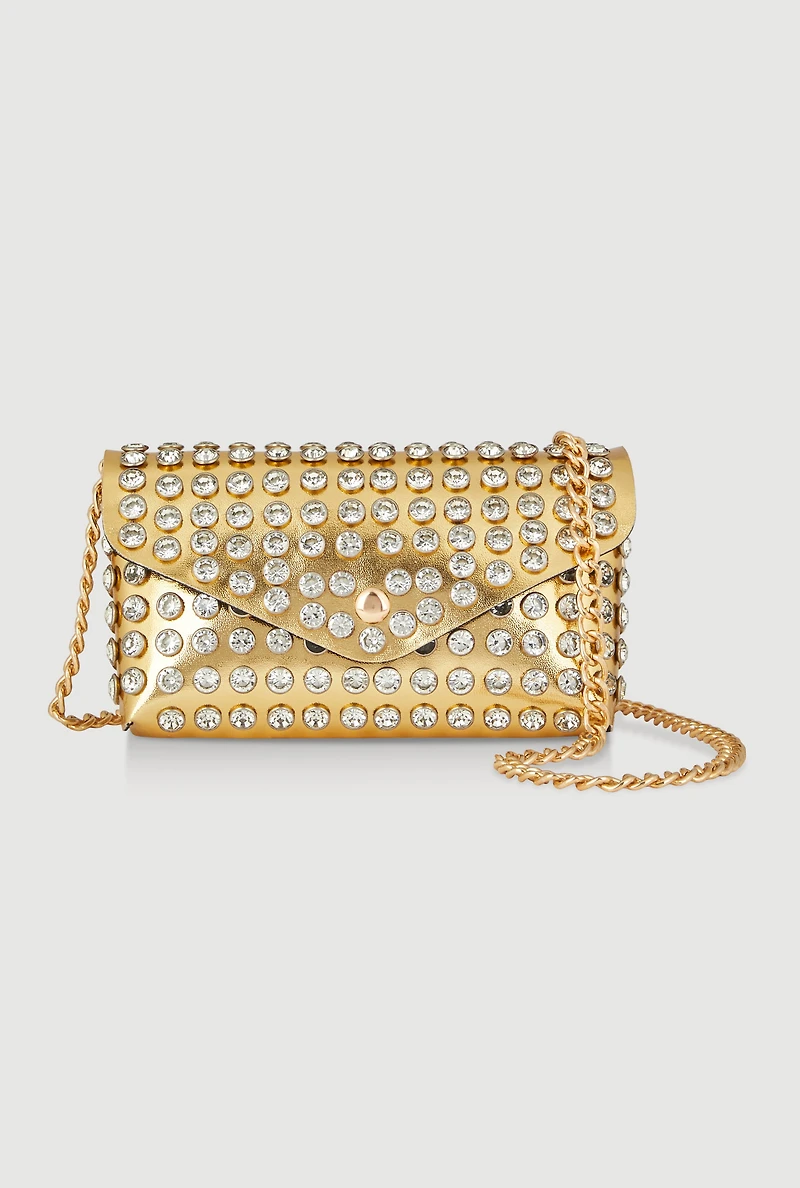 Womens Rhinestone Studded Envelope Clutch, Gold