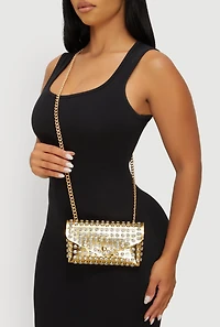 Womens Rhinestone Studded Envelope Clutch, Gold
