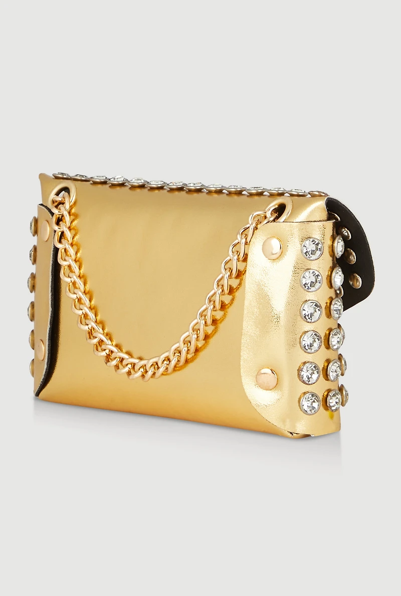 Womens Rhinestone Studded Envelope Clutch, Gold