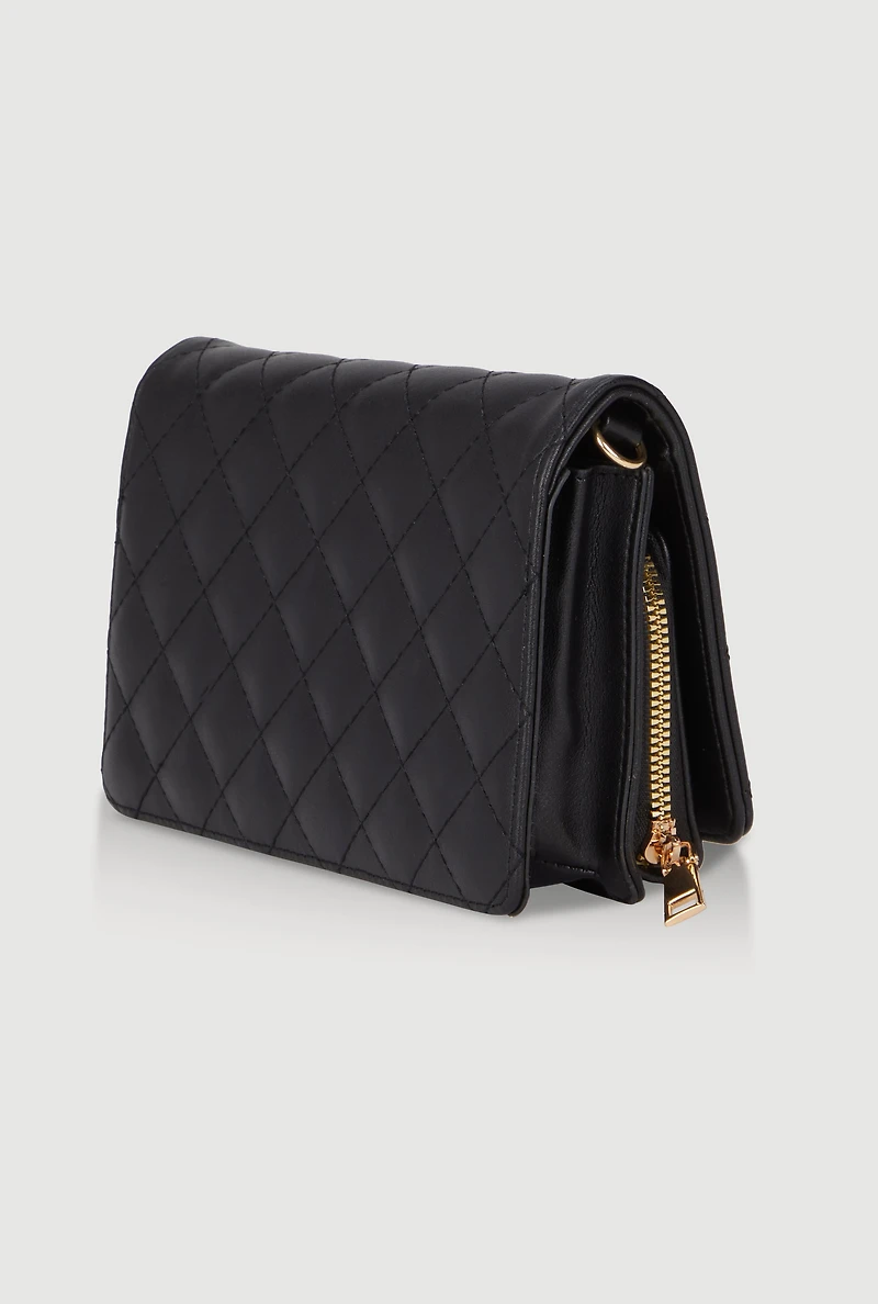 Womens Chic Metallic Faux Leather Fold Over Clutch with Removable Straps, Black