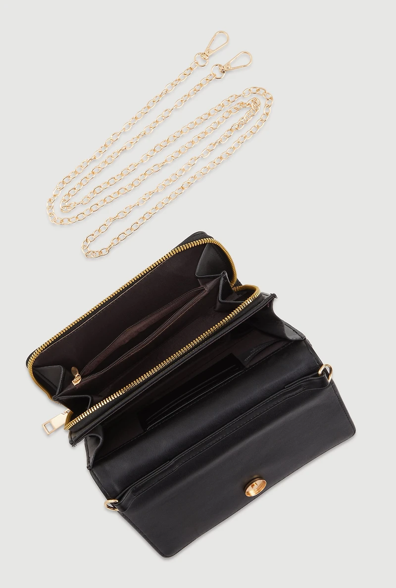 Womens Chic Metallic Faux Leather Fold Over Clutch with Removable Straps, Black