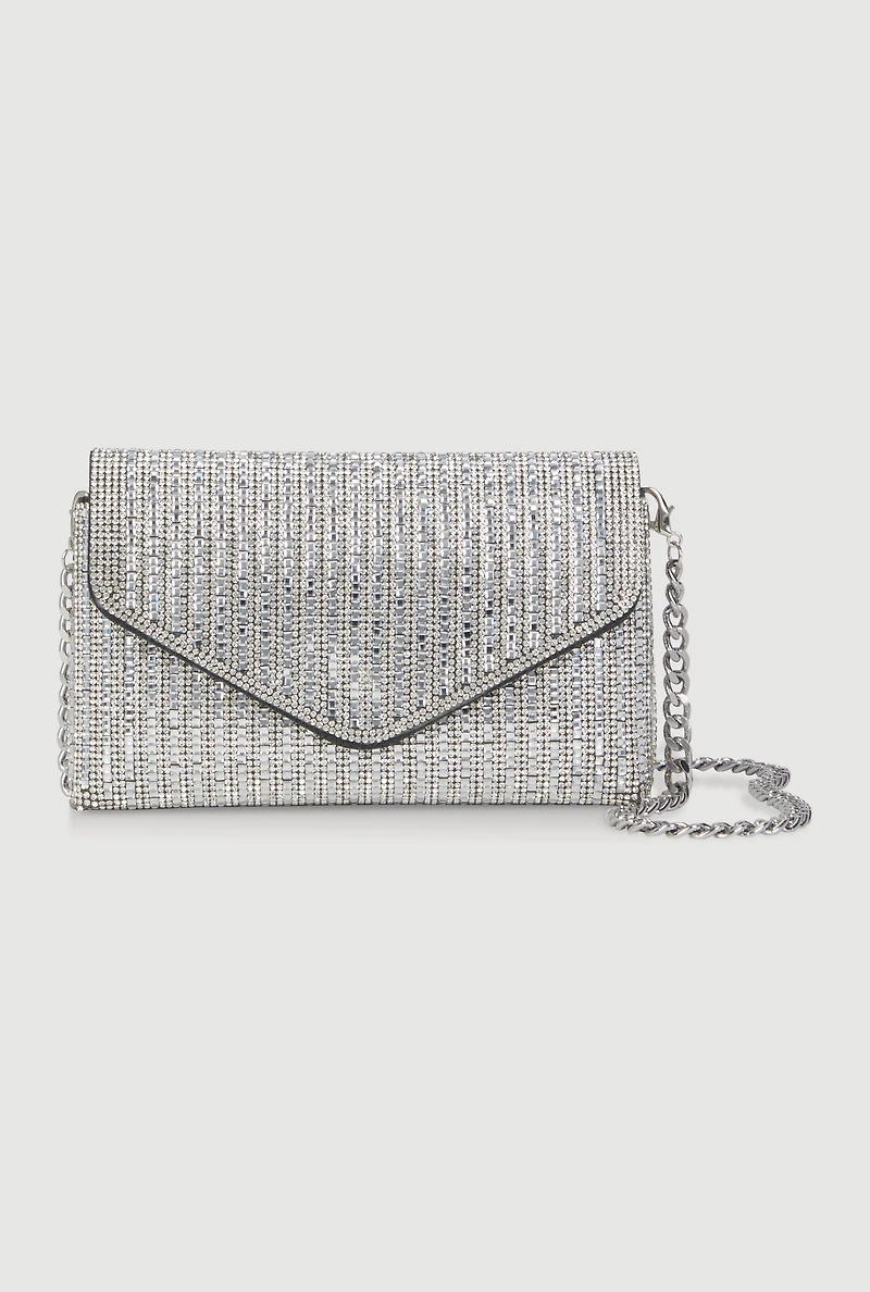 Womens Rhinestone Envelope Clutch Bag with Removable Chain Strap, Silver
