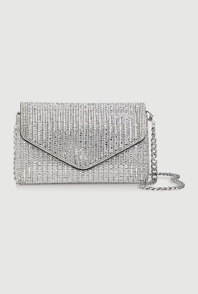 Womens Rhinestone Envelope Clutch Bag with Removable Chain Strap, Silver