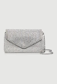 Womens Rhinestone Envelope Clutch Bag with Removable Chain Strap, Silver