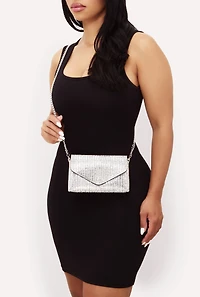 Womens Rhinestone Envelope Clutch Bag with Removable Chain Strap, Silver
