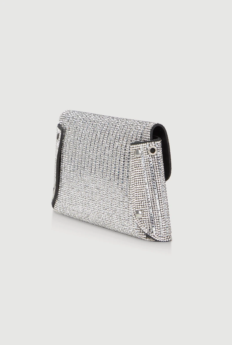 Womens Rhinestone Envelope Clutch Bag with Removable Chain Strap, Silver