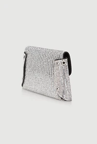 Womens Rhinestone Envelope Clutch Bag with Removable Chain Strap, Silver