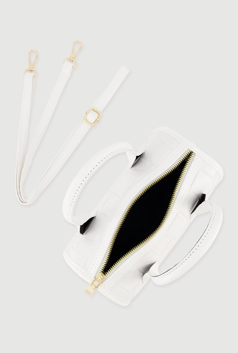 Womens Metallic Faux Leather Crossbody Bag with Removable Strap, White