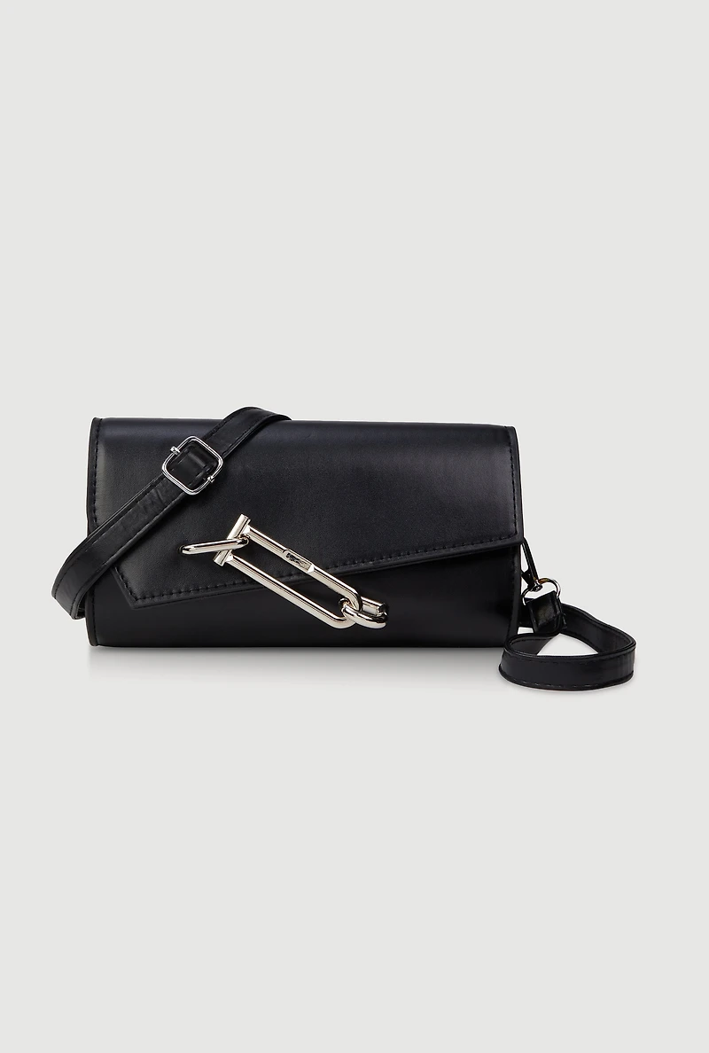 Womens Chic Metallic Detail Faux Leather Crossbody Bag with Removable Strap,