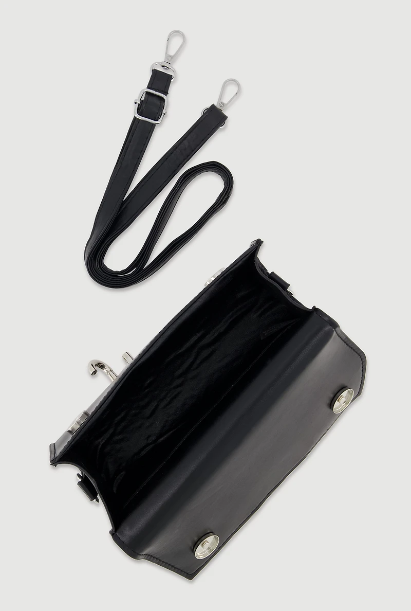 Womens Chic Metallic Detail Faux Leather Crossbody Bag with Removable Strap, Black