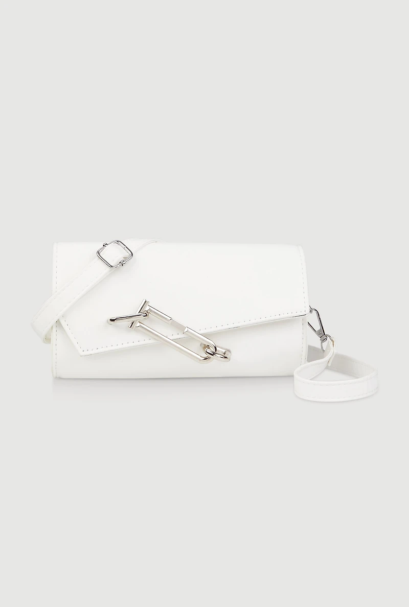 Womens Chic Metallic Detail Faux Leather Crossbody Bag with Removable Strap, White